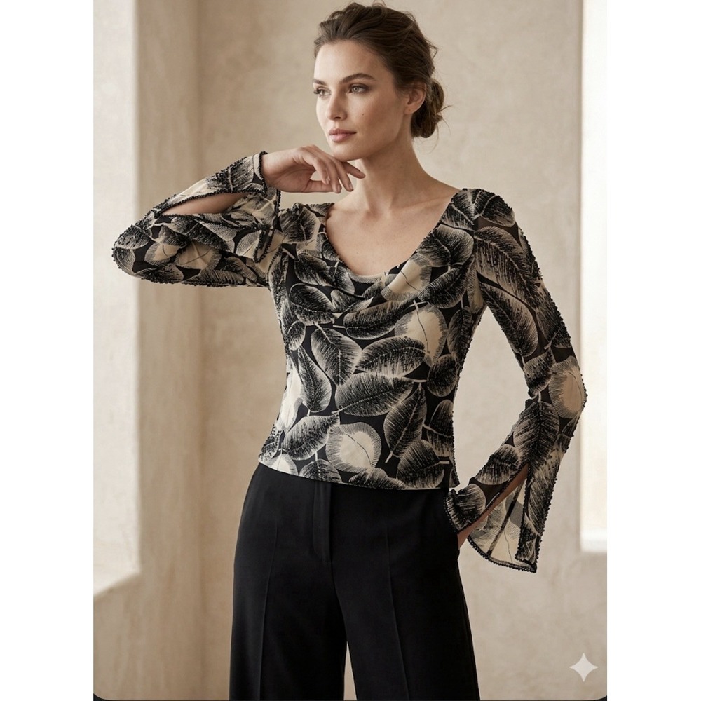 100% Silk Shirt Carmen Marc Valvo Cowl Neck Sheer Beaded Dramatic Lined Y2K